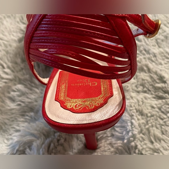 DIOR strappy Red Sandals with Grommet Detail and Gold Embossed Buckle - Picture 11 of 16